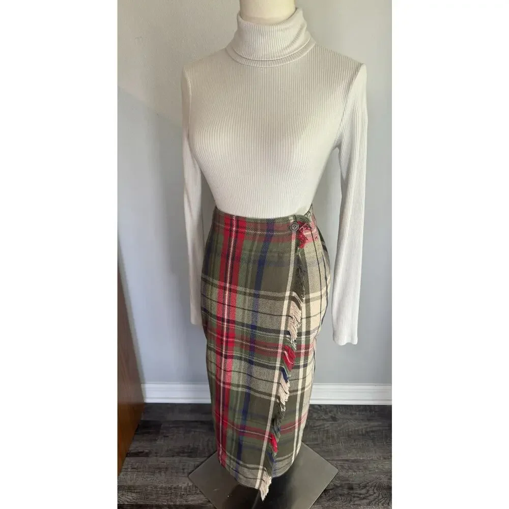 Vintage Liz Claiborne Plaid Wrap Skirt Green Red Fringe Academia Size 4 Holiday